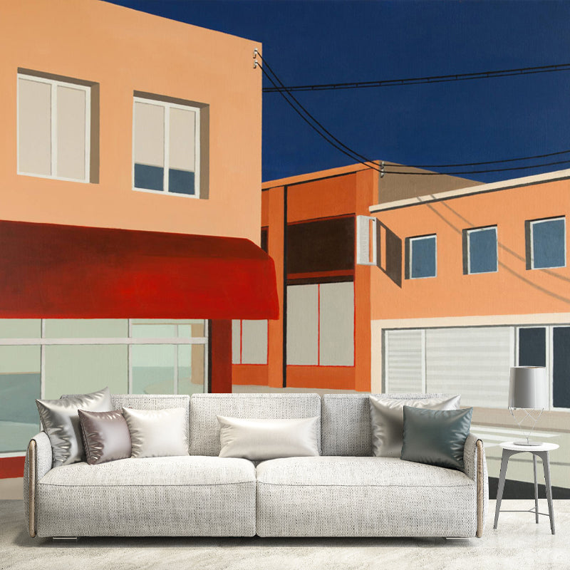 Artistic Empty Street Mural Wallpaper Blue-Brown Waterproofing Wall Decor for Living Room