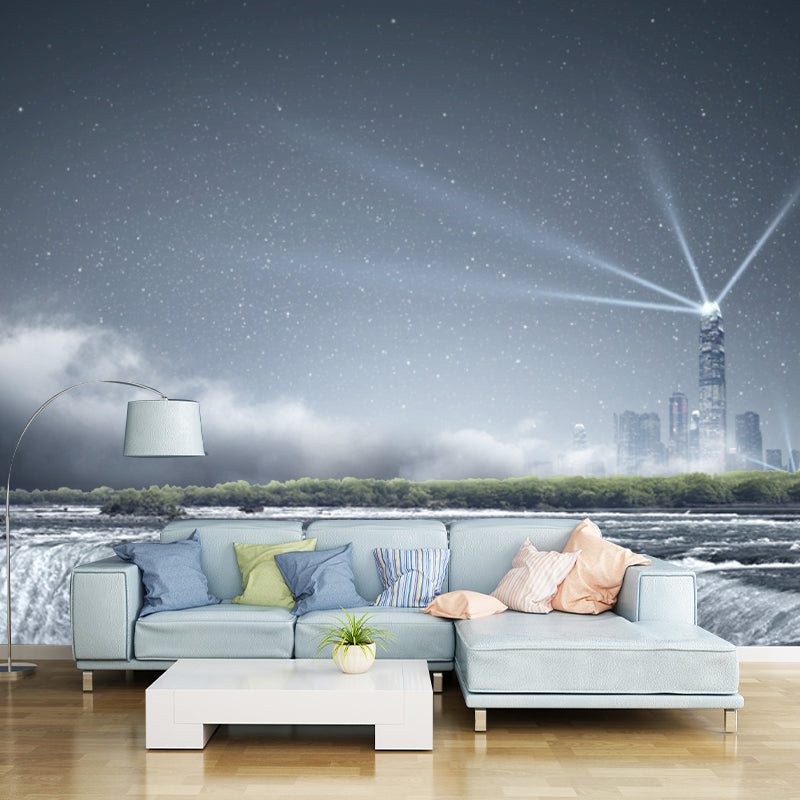 Aqua Fictional Mural Wallpaper Whole Night Cascade and Distant Shiny City Wall Covering for Accent Wall