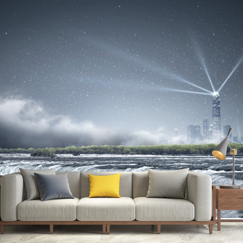 Aqua Fictional Mural Wallpaper Whole Night Cascade and Distant Shiny City Wall Covering for Accent Wall