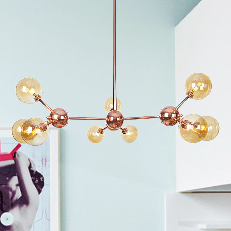 Rame 3/9/12 luci lampadario a soffitto Vintage Clear/Amber Glass Orbomago a sospeso con design di ramo, 13 "/27,5"/34 "W