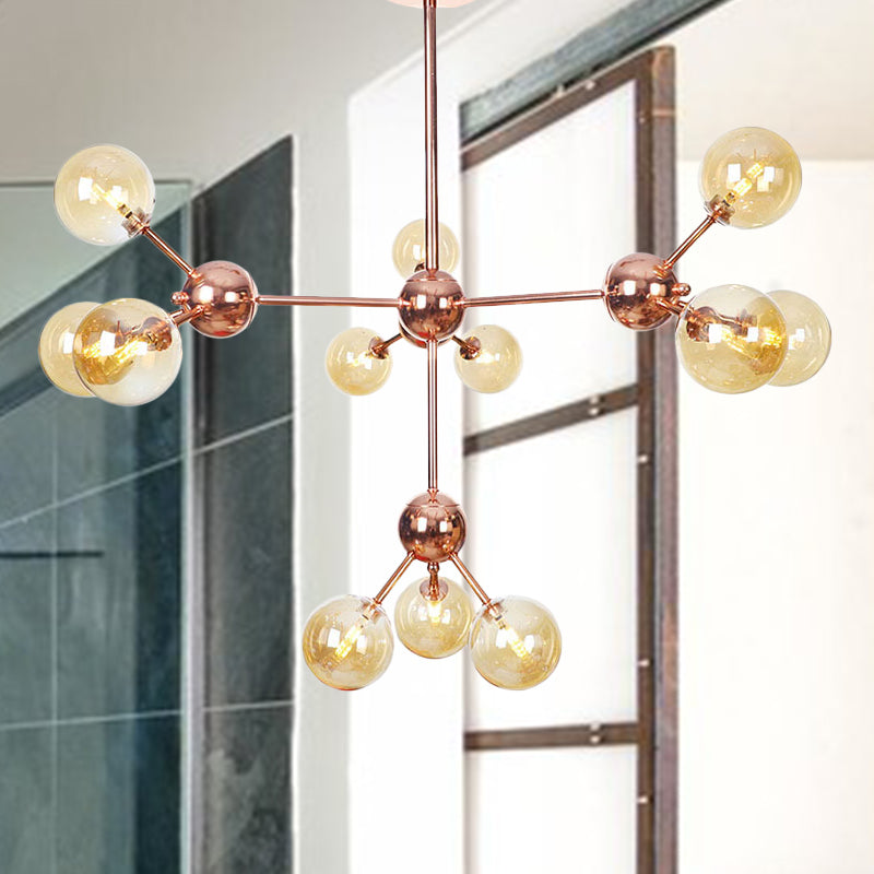 Rame 3/9/12 luci lampadario a soffitto Vintage Clear/Amber Glass Orbomago a sospeso con design di ramo, 13 "/27,5"/34 "W