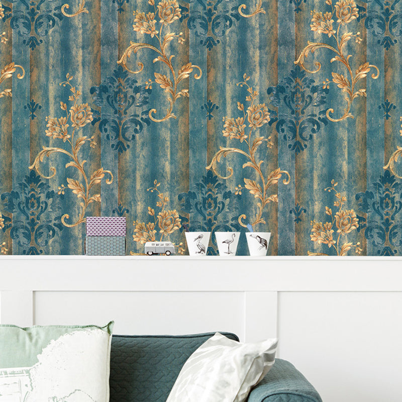 European Damask Wallpaper Roll for Living Room 57.1-sq ft Wall Decor in Gold on Blue