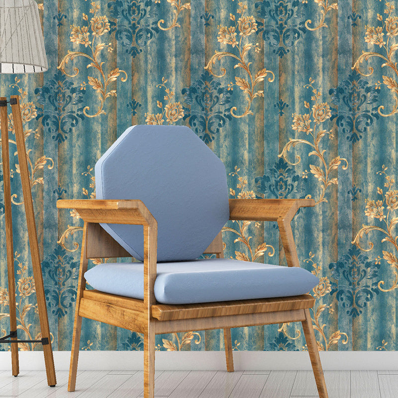 European Damask Wallpaper Roll for Living Room 57.1-sq ft Wall Decor in Gold on Blue