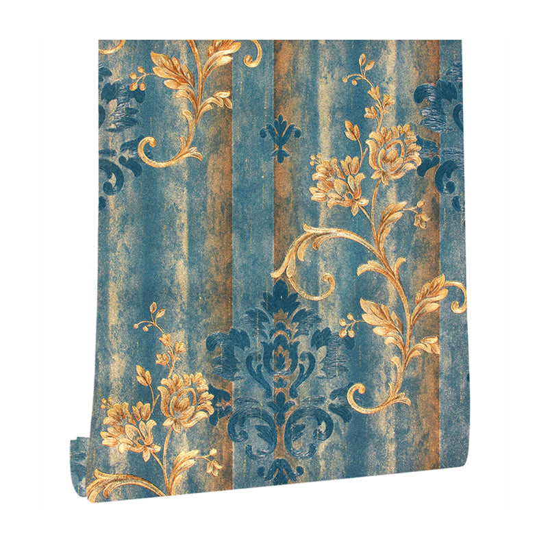 European Damask Wallpaper Roll for Living Room 57.1-sq ft Wall Decor in Gold on Blue