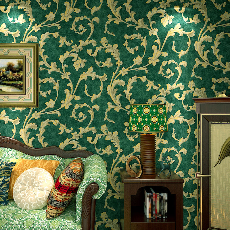 Rural Botanical Scroll Wallpaper Roll Green Waterproofing Wall Decor for Living Room