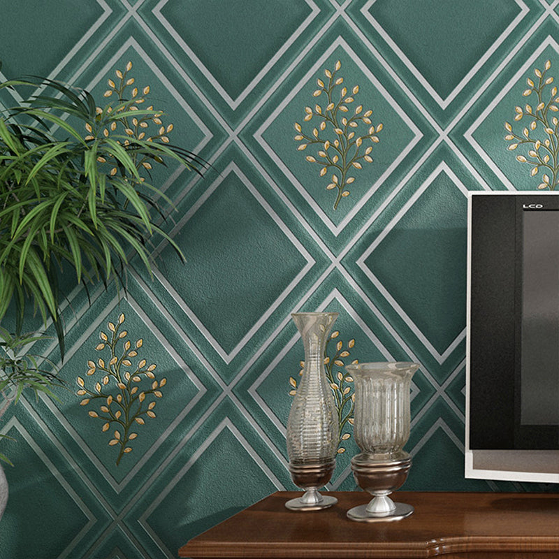 Botanical Rhombus Patterned Wallpaper Roll Modern Flock Wall Decor for Living Room