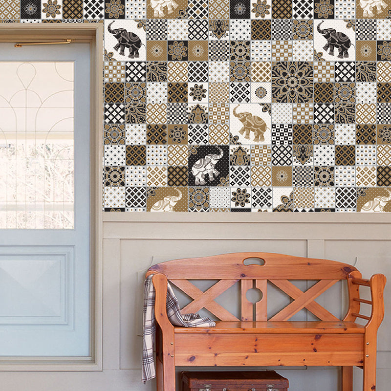 Brown Bohemian Wallpaper Panel 10.8-sq ft Elephant and Geometric Print Wall Decor, Peel and Stick
