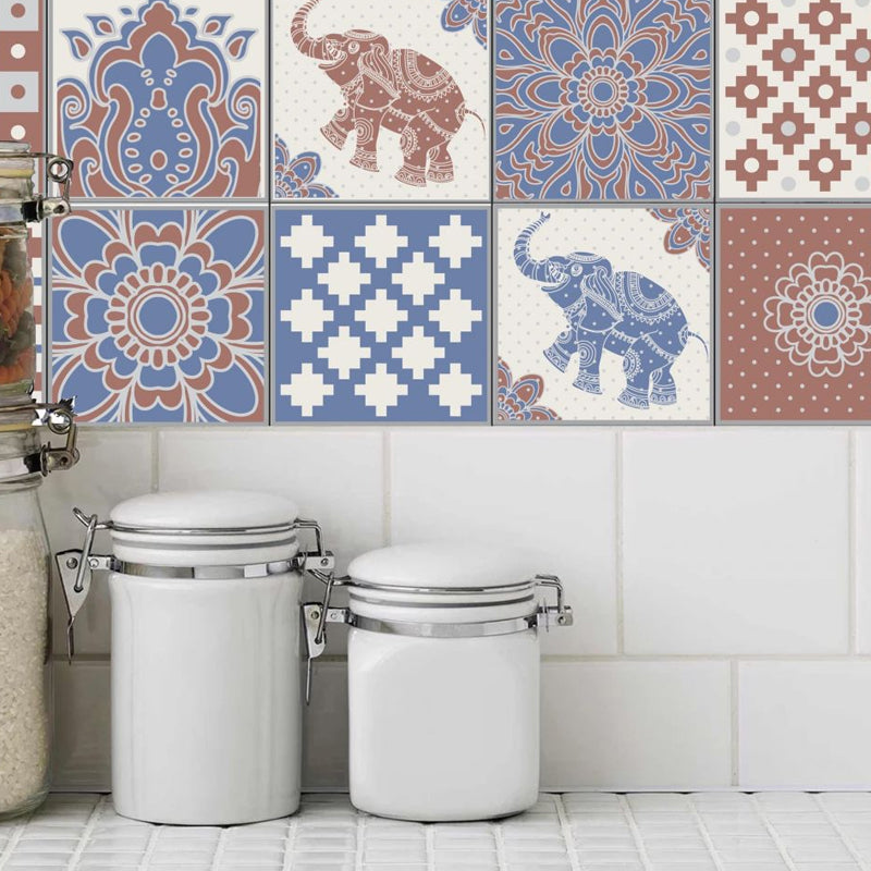 Bohemian Geometric Wallpaper Panels Red-Blue Animal Patterned Wall Art, Self-Adhesive