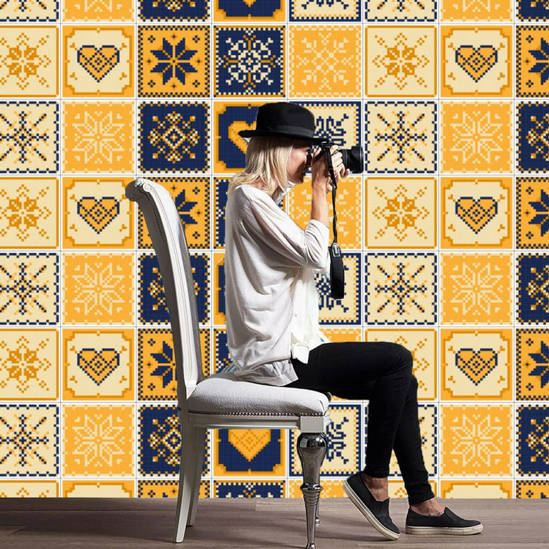 Boho Flower Tile Wallpaper Panel for Kitchen 2.2-sq ft Wall Decor in Yellow-Blue, Stick On