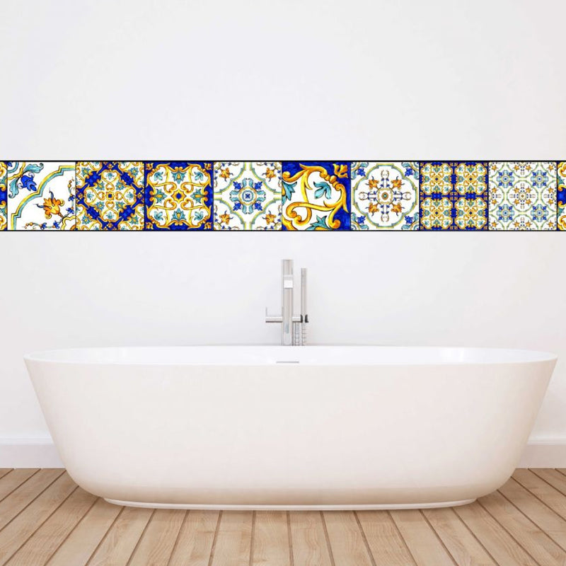 Moroccan Tile Adhesive Wallpaper Panel Set Yellow-Blue Boho Chic Wall Art for Living Room