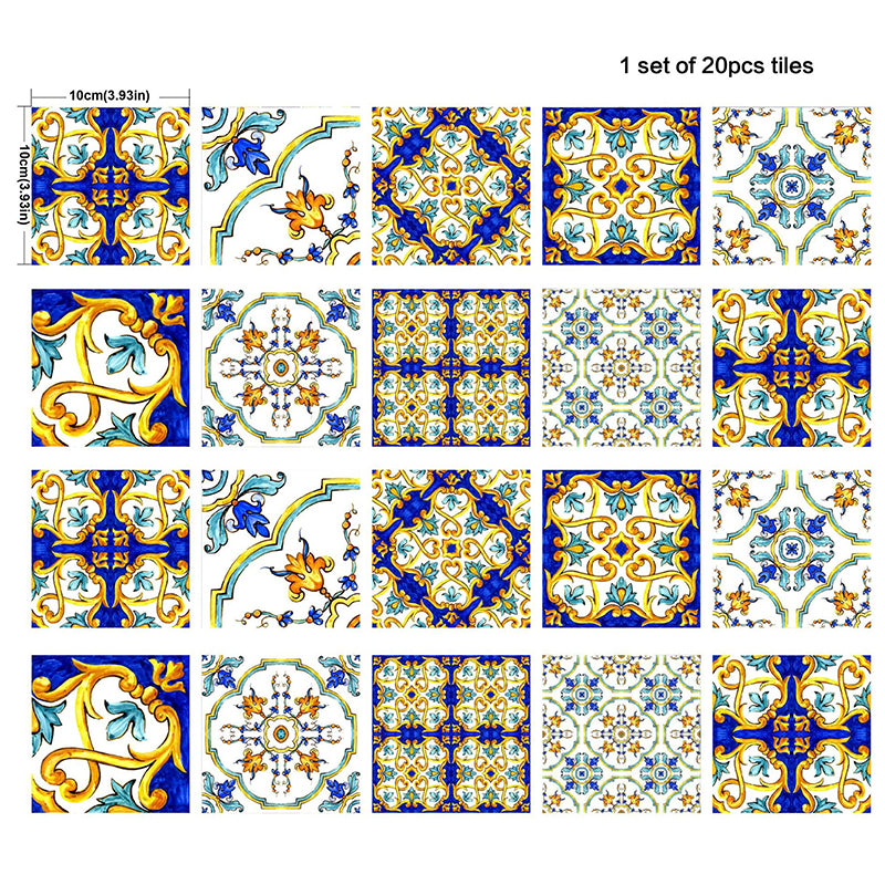 Moroccan Tile Adhesive Wallpaper Panel Set Yellow-Blue Boho Chic Wall Art for Living Room
