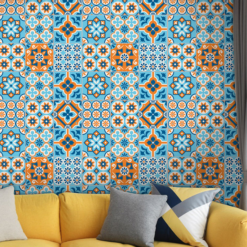 Orange-Blue Mandala Wallpaper Panel Peel and Stick Bohemian Style Restroom Wall Decor