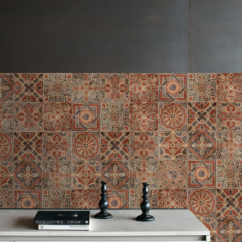 Orange Indian Tiles Wallpaper Panel Peel and Stick Boho Chic Stairway Wall Art (10 Pcs)