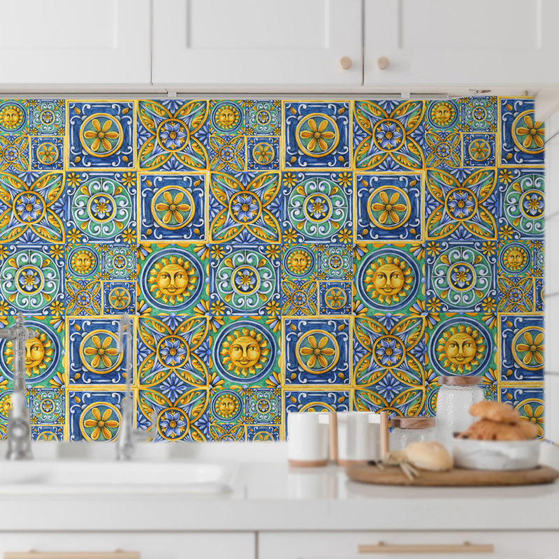 Adhesive Egyptian Tiles Wallpaper Panel in Blue-Yellow-Green Bohemian Style Wall Decor for Kitchen