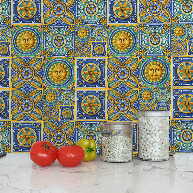 Adhesive Egyptian Tiles Wallpaper Panel in Blue-Yellow-Green Bohemian Style Wall Decor for Kitchen