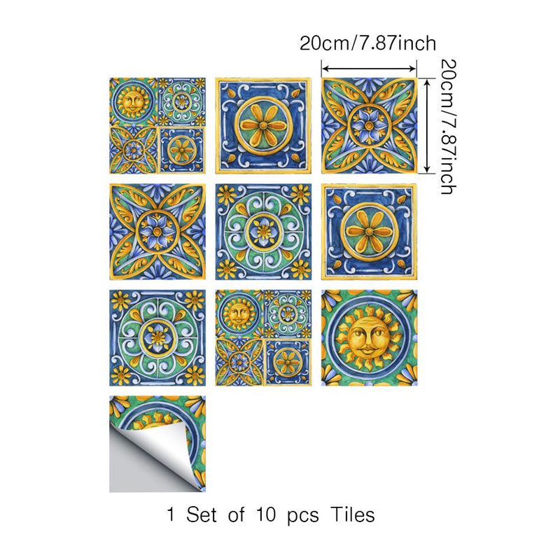 Adhesive Egyptian Tiles Wallpaper Panel in Blue-Yellow-Green Bohemian Style Wall Decor for Kitchen