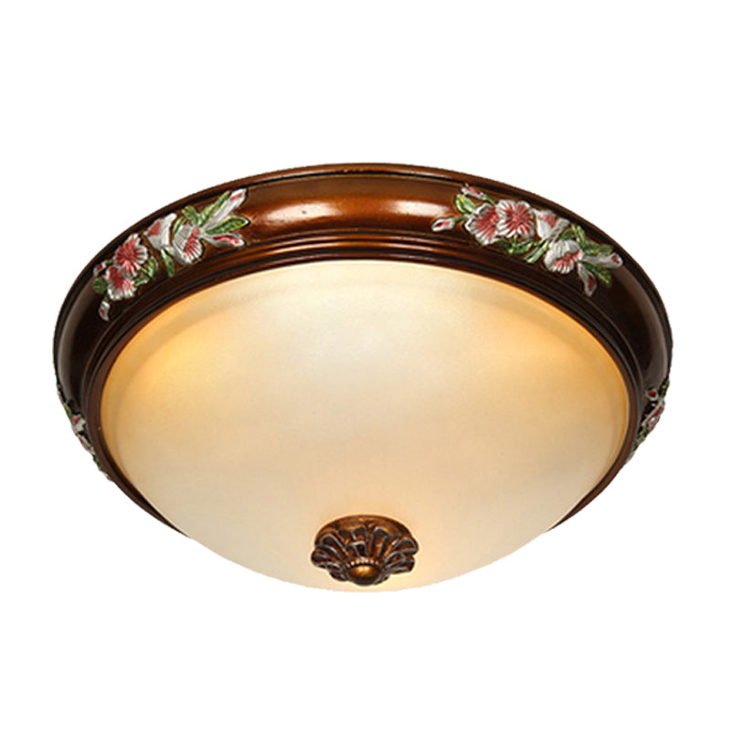 Dome Shape Frosted Glass Ceiling Flush Vintage 12"/16"/19.5" W 3 Bulbs Bedroom Flush Light Fixture with Blossom Design in Brown