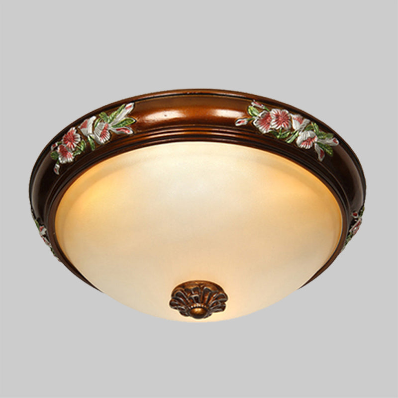 Dome Shape Frosted Glass Ceiling Flush Vintage 12"/16"/19.5" W 3 Bulbs Bedroom Flush Light Fixture with Blossom Design in Brown