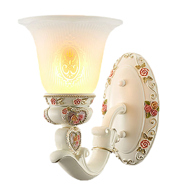 Conical Living Room Sconce Light Countryside Ribbed Milky Glass 1/2-Bulb White Wall Lighting Fixture with Floral Decor