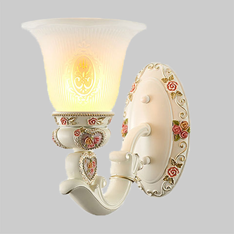 Conical Living Room Sconce Light Countryside Ribbed Milky Glass 1/2-Bulb White Wall Lighting Fixture with Floral Decor