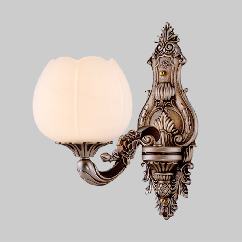 Frosted Glass Bloom Wall Lighting Vintage 1/2-Head Living Room Wall Light Sconce with Curved Arm in Coffee