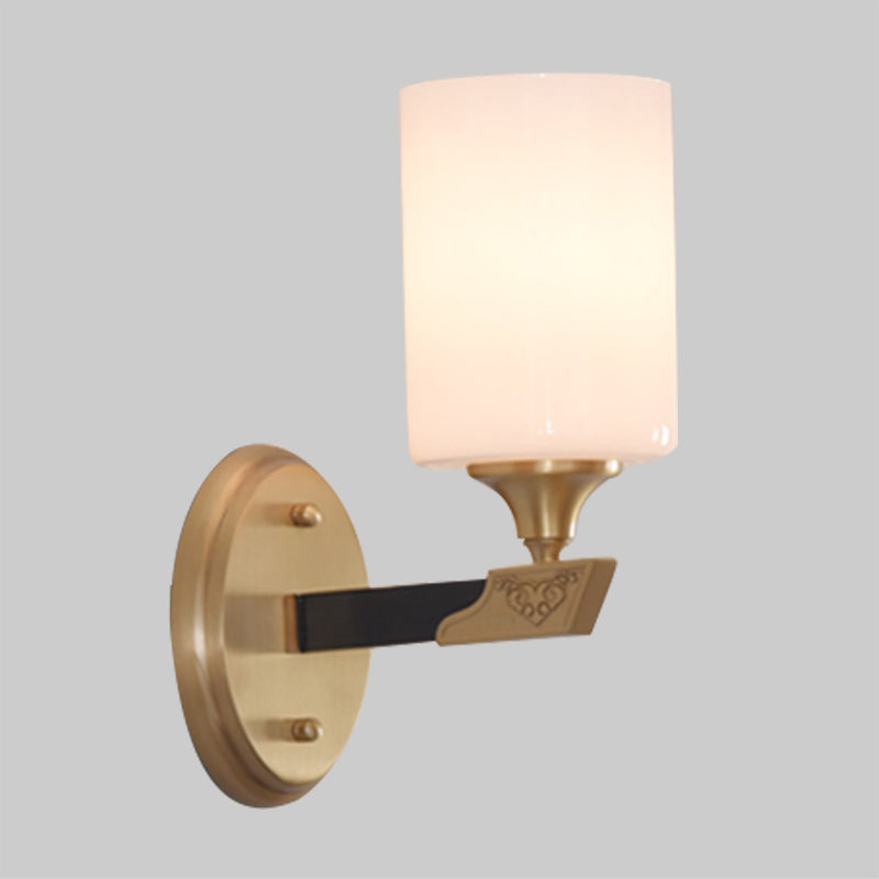 1/2-Head Cylindrical Wall Lamp Traditional Black-Gold White Glass Wall Mount Light Fixture