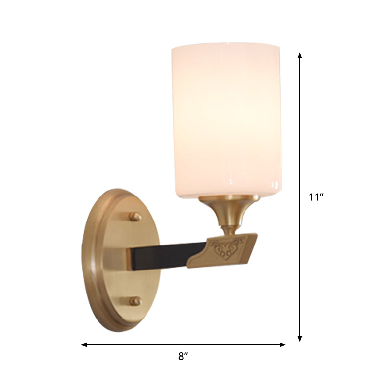1/2-Head Cylindrical Wall Lamp Traditional Black-Gold White Glass Wall Mount Light Fixture