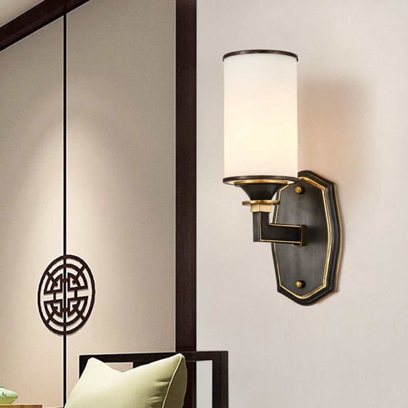 Column Milky Glass Wall Sconce Countryside 1/2-Light Corridor Wall Lighting Fixture with Right Angle Arm in Black and Gold