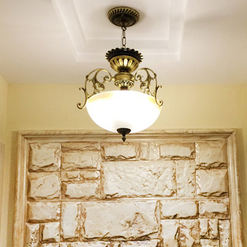 3 Lights Pendant Chandelier Country Bowl-Like Milk Glass Pendulum Lighting with Branch Decor in Bronze