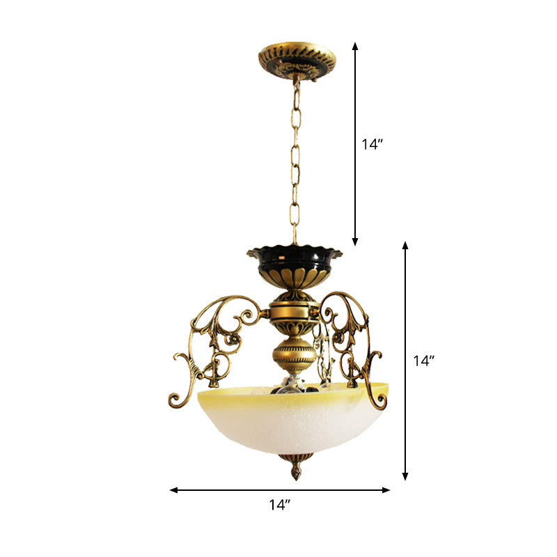 3 Lights Pendant Chandelier Country Bowl-Like Milk Glass Pendulum Lighting with Branch Decor in Bronze