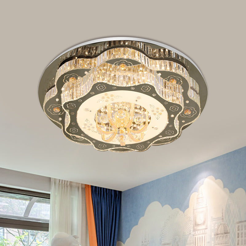 Stainless-Steel LED Flush Ceiling Light Contemporary Clear Crystal Blocks Floral Lighting Fixture