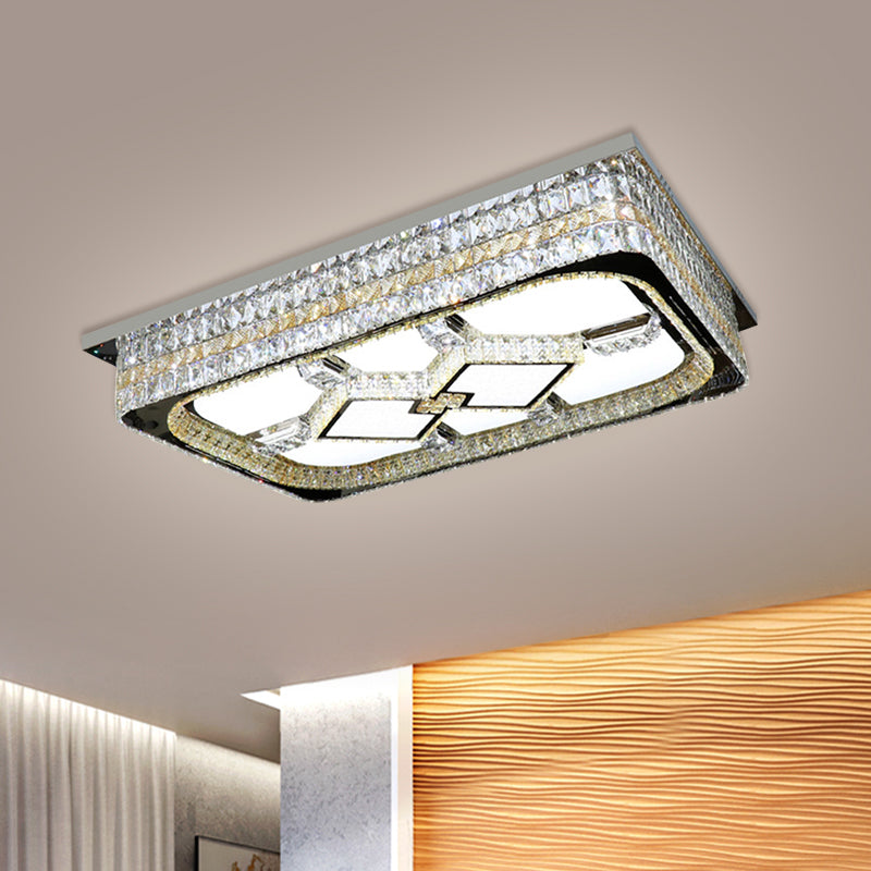 Rectangular Parlor Ceiling Lamp Modern Clear Crystal Blocks Stainless-Steel LED Flush Light Fixture