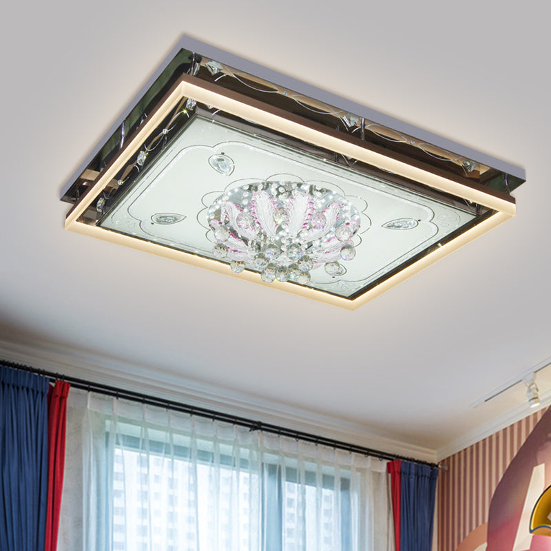 Stainless-Steel Rectangular Ceiling Lamp Modern Clear Crystal Draping Living Room LED Flush Mount