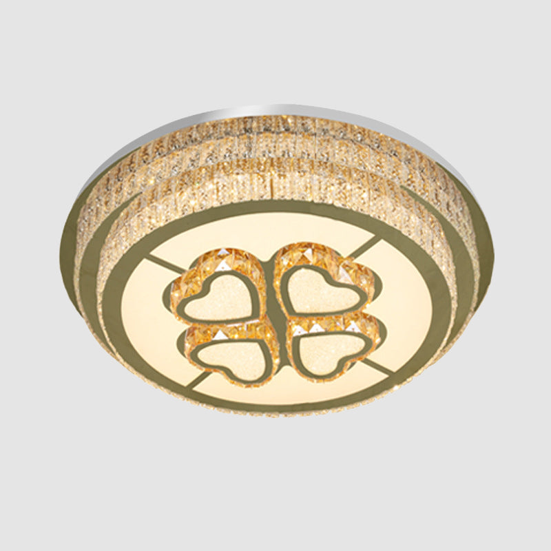 Round Great Room Light Fixture Modern Clear Crystal Blocks LED Nickel Flush Mount Lamp with Heart Design