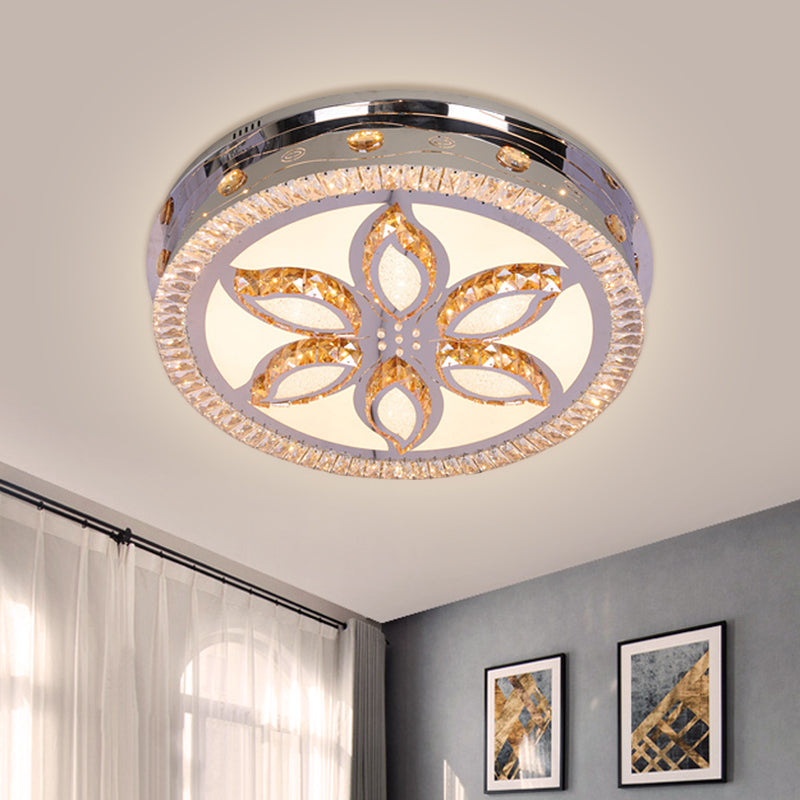 LED Round Flushmount Light Contemporary Stainless-Steel Finish Clear Crystal Blocks Ceiling Lamp with Flower Pattern
