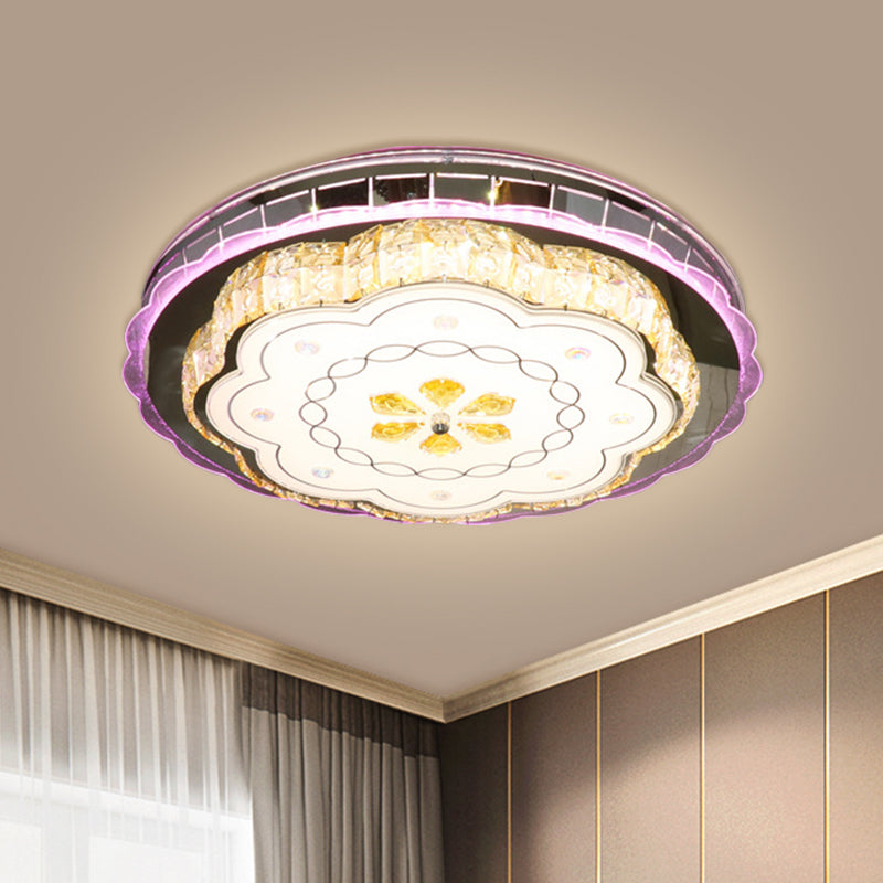 Contemporary Circular Ceiling Lamp Crystal Blocks LED Flush Light in Stainless-Steel with Floral Design