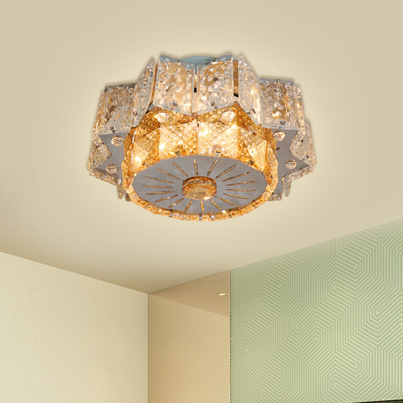 LED Light Fixture Modern Twelve-Pointed Star Clear Crystal Blocks Flush Mount in Nickel