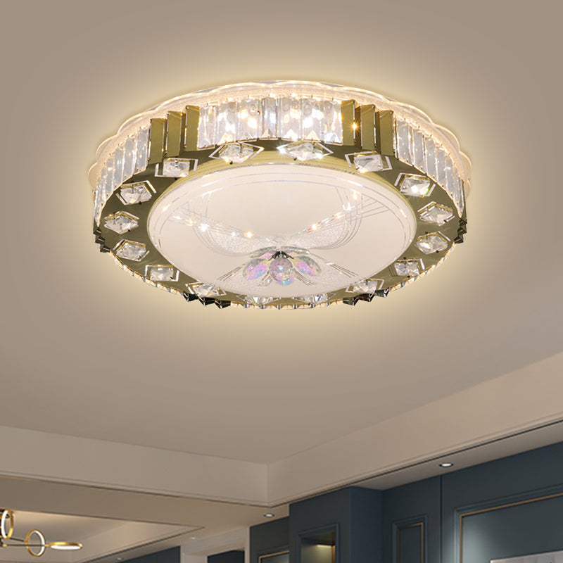 LED Circular Ceiling Fixture Modern Stainless-Steel Finish Clear Cut Crystal Blocks Flush Mount in Warm/Multi Color Light