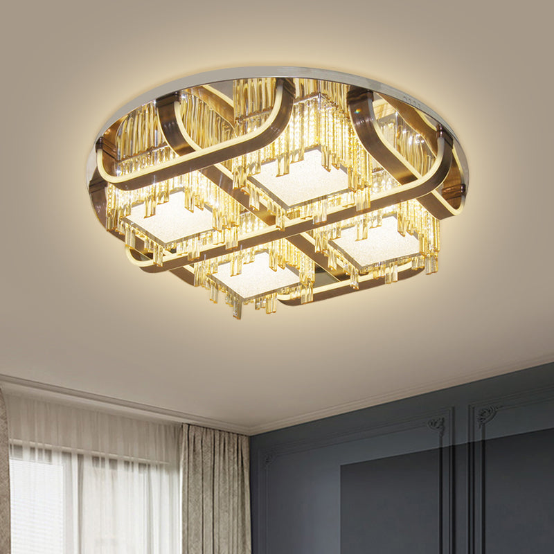 LED Circle Flush Lighting Modern Stainless-Steel Rectangular-Cut Crystals Ceiling Lamp with Cubic Shade
