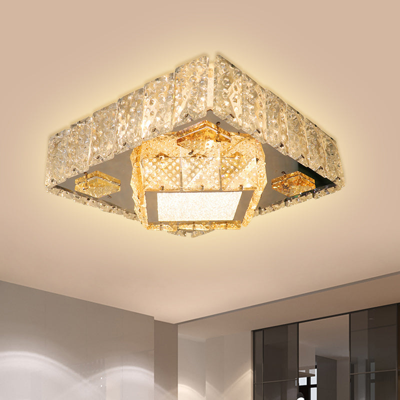 Modern Square Light Fixture Clear Crystal Blocks LED Flush Mount Lamp in Stainless-Steel