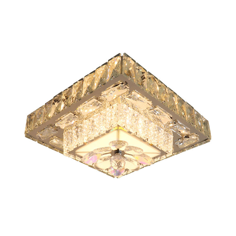 Clear Beveled Crystal Blocks Square Flushmount Contemporary LED Corridor Ceiling Lamp in Stainless-Steel