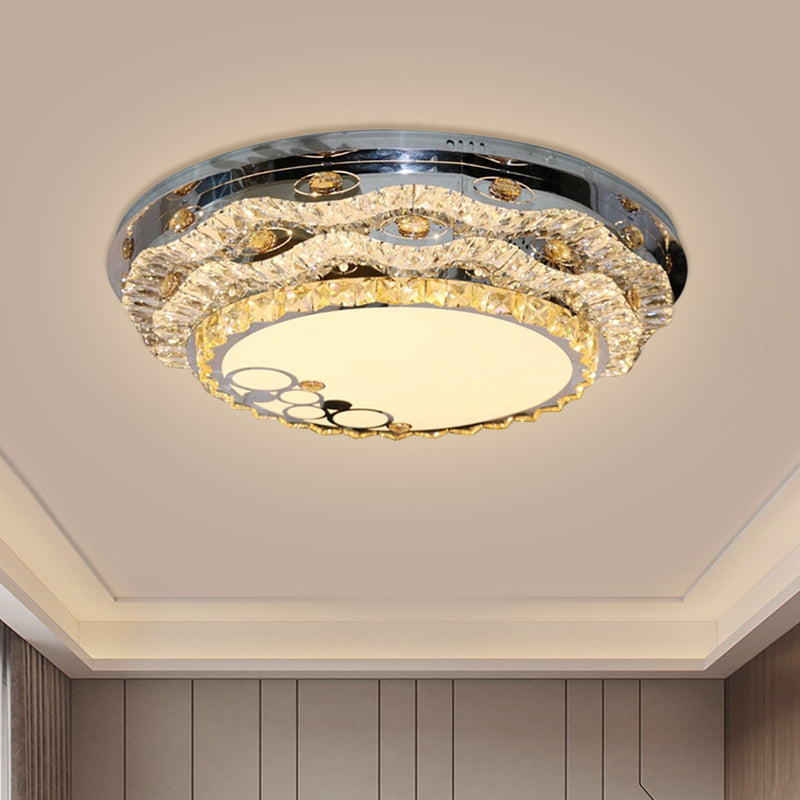 Contemporary Circular Flush Mount Clear Cut Crystal Blocks LED Ceiling Fixture in Stainless-Steel