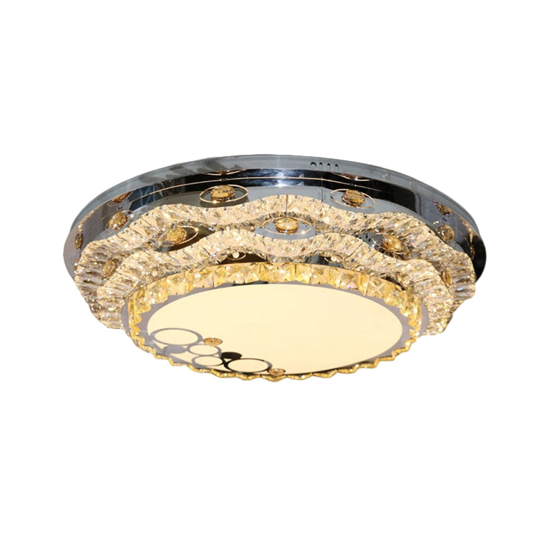 Contemporary Circular Flush Mount Clear Cut Crystal Blocks LED Ceiling Fixture in Stainless-Steel