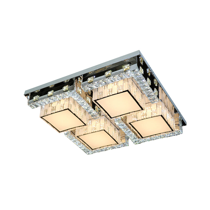 LED Ceiling Light Modern Rectangle/Square Crystal Blocks Flushmount in Stainless-Steel with White Cubic Shade, 31"/46.5" Wide