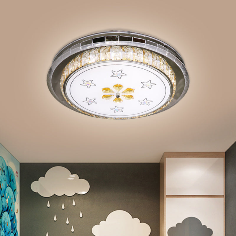 Modern Circular Ceiling Mount Clear Faceted Crystal Blocks LED Flush Light Fixture in roestvrij staal