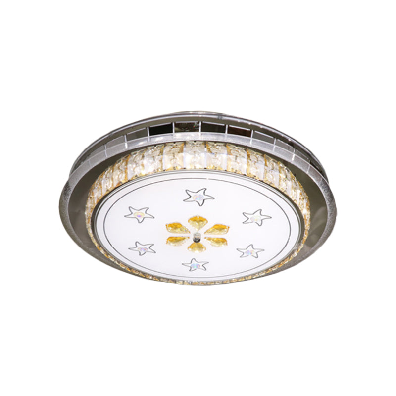 Modern Circular Ceiling Mount Clear Faceted Crystal Blocks LED Flush Light Fixture in Stainless-Steel