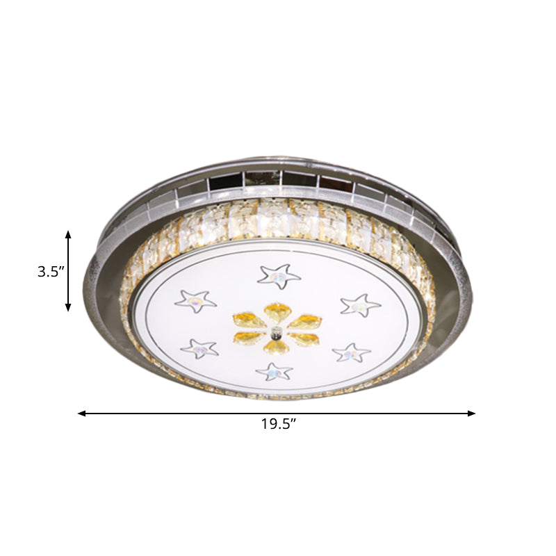 Modern Circular Ceiling Mount Clear Faceted Crystal Blocks LED Flush Light Fixture in Stainless-Steel