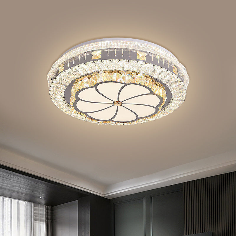 LED Round Flush Mount Contemporary Stainless-Steel Clear Cut Crystal Blocks Ceiling Lamp with Flower Pattern