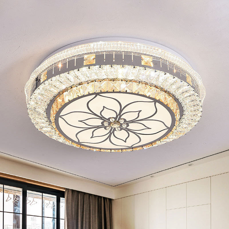LED Round Flush Mount Contemporary Stainless-Steel Clear Cut Crystal Blocks Ceiling Lamp with Flower Pattern