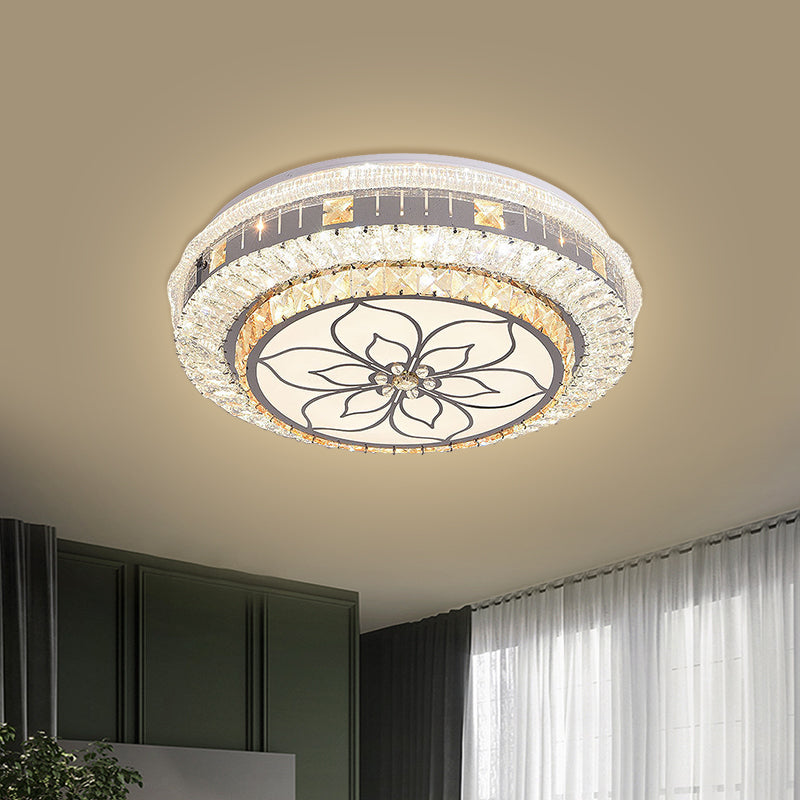 LED Round Flush Mount Contemporary Stainless-Steel Clear Cut Crystal Blocks Ceiling Lamp with Flower Pattern